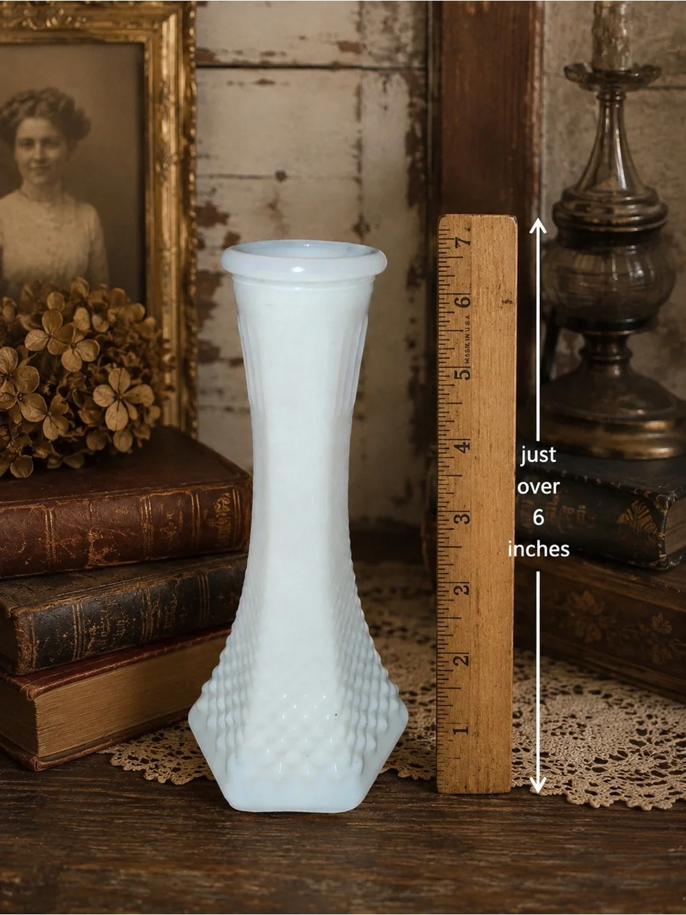 Vintage Hoosier Glass 4063C White Milk Glass Bud Vase Diamond Hex Base